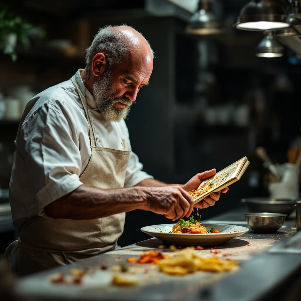AI generated: A man with leprosy working in the kitchen. Michelin guide.