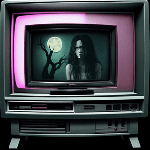 AI generated: vintage tv set like in the movie "the ring", 80s movie style, spooky vhs glitch on tv screen,