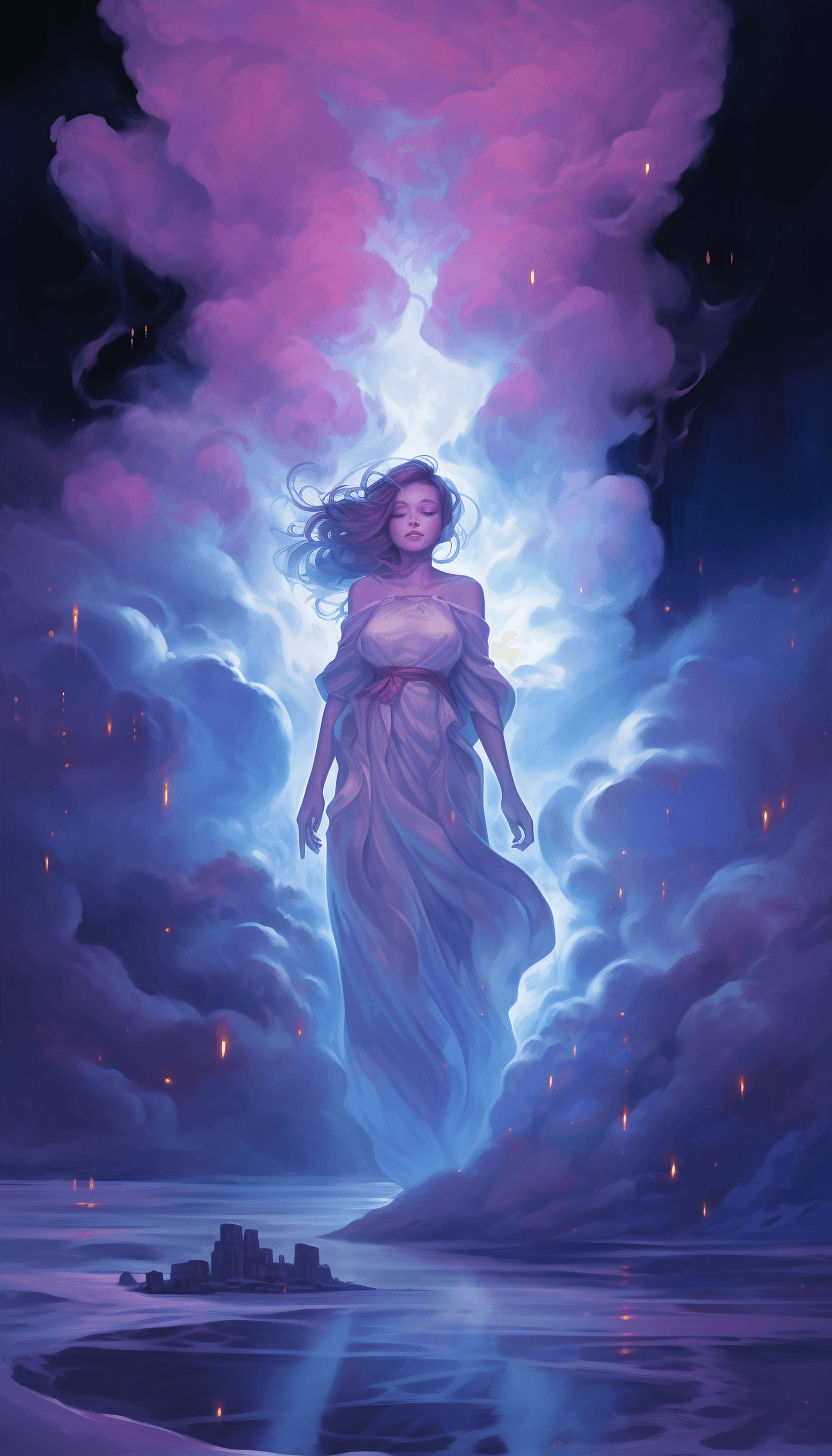 AI generated: Female ghosts and apparitions mcfly wallpaper, in the style of tanya shatseva, atmospheric clouds, d...