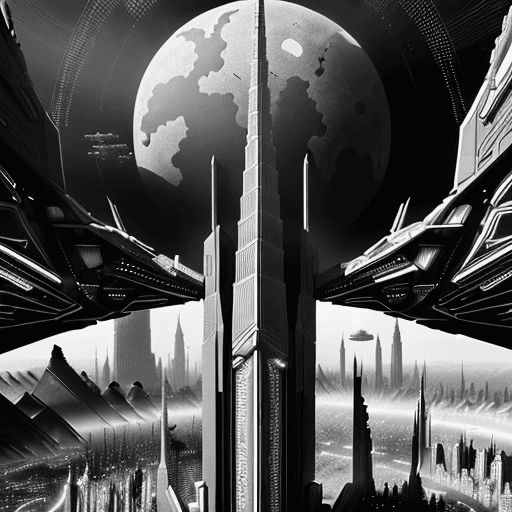 AI generated: A black and white illustration a futuristic city of Trantor. The scene captures the vast, intricate ...