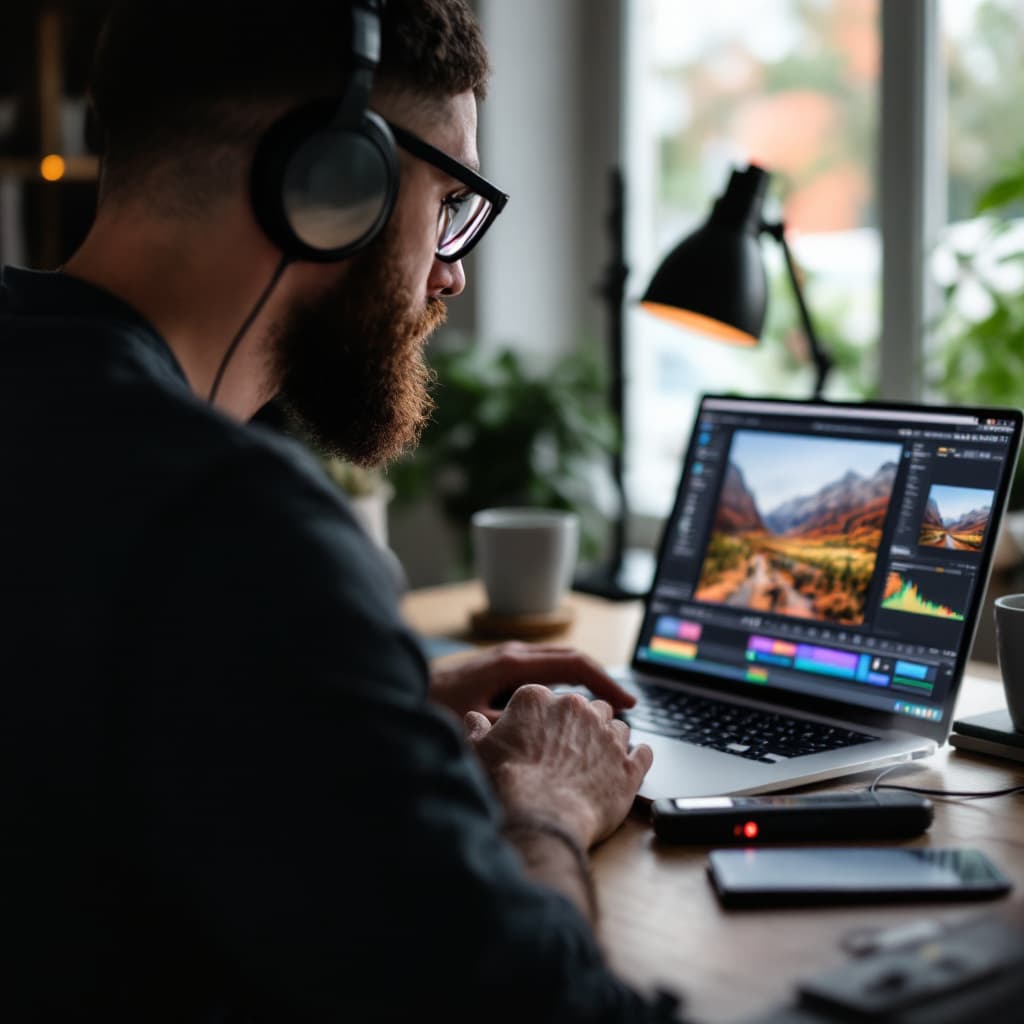 AI generated: A man sitting in front of a laptop and editing an  image