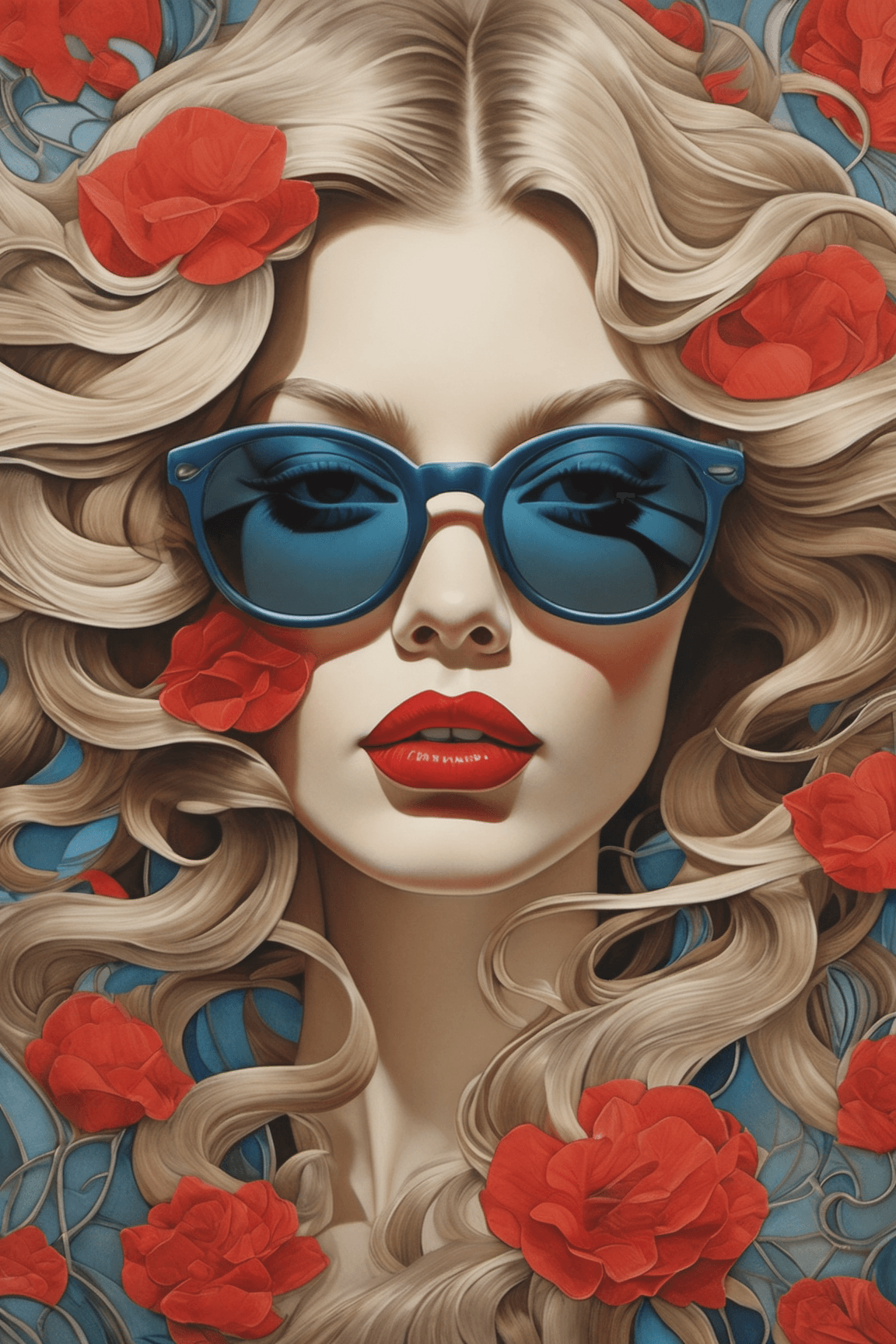 AI generated: a beautiful girl's face wearing sunglasses and red lipstick, a lifelike portrait with every pore and...