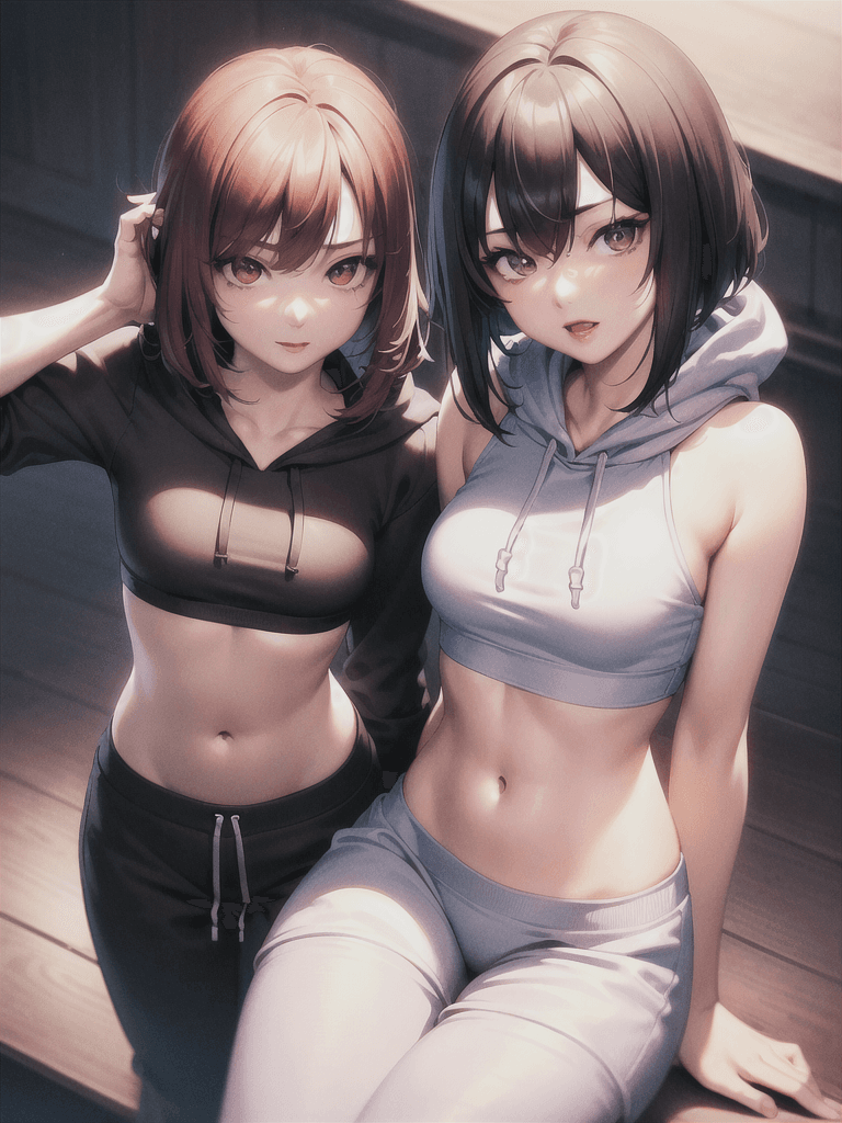 AI generated: 1 girl, beautiful Korean girl, (Cute Loose Bob hair), (wearing a cropped hoodie, capri sweatpants:1....