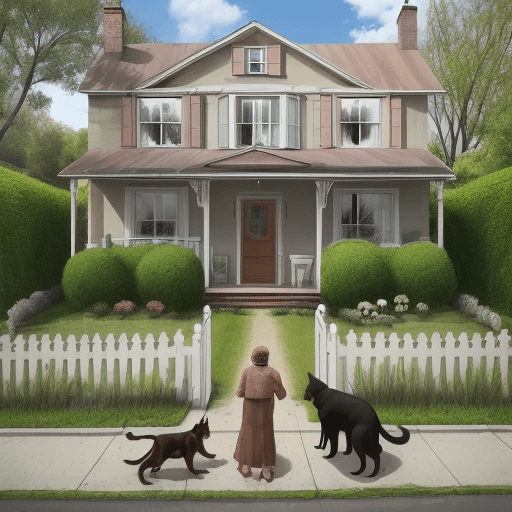 AI generated: house with person in front with a dog and a cat next to them. The house has a big sign that says "FO...
