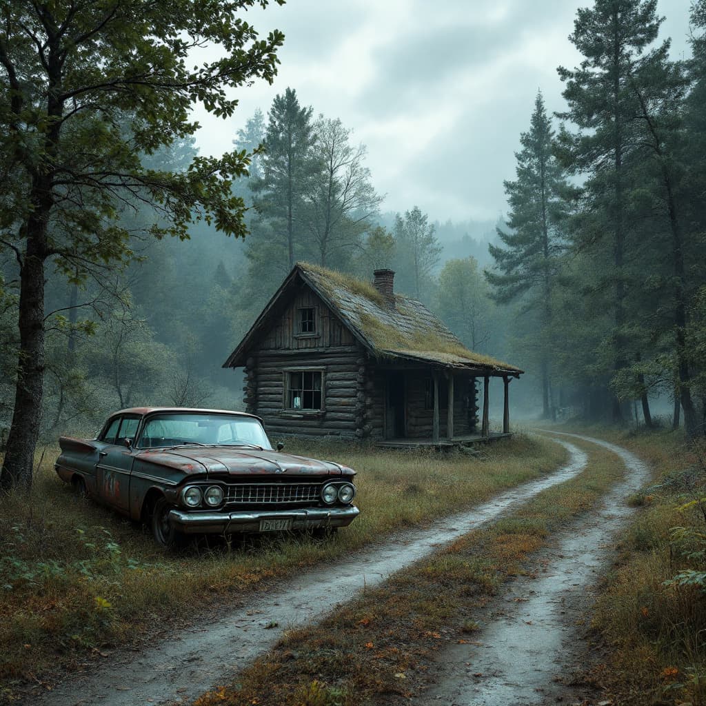AI generated: The image shows an old, dilapidated gas log cabin along side a over grown dirt road.  There is a bro...