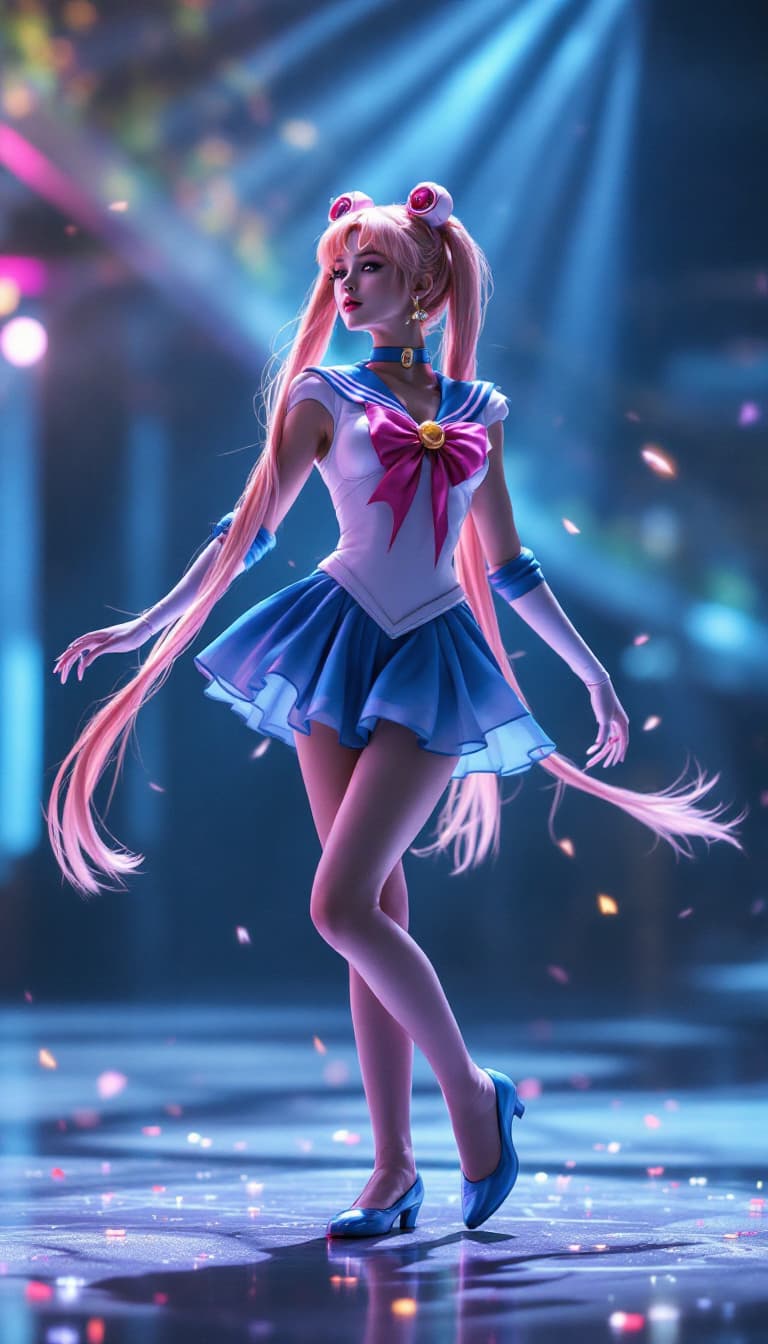AI generated: Full length shot (FLS) of a beautiful Sailor Moon dancing, photorealistic, Hasselblad Camera, 8k, Hy...