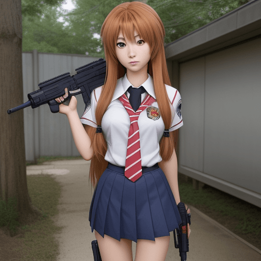 AI generated: taiga aisaka, anime style, school uniform, long hair, ASMD shock rifle, Unreal Tournament.