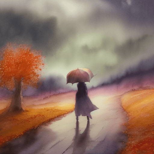 AI generated: Autumm is here. Windy, light rainy, a woman with an umbrella is wandering through the landscape, atm...