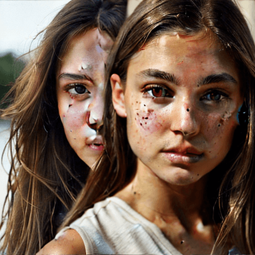 AI generated: brown calm amstaff face next to white girl face, high quality photo, girl with brown eyes, light bro...