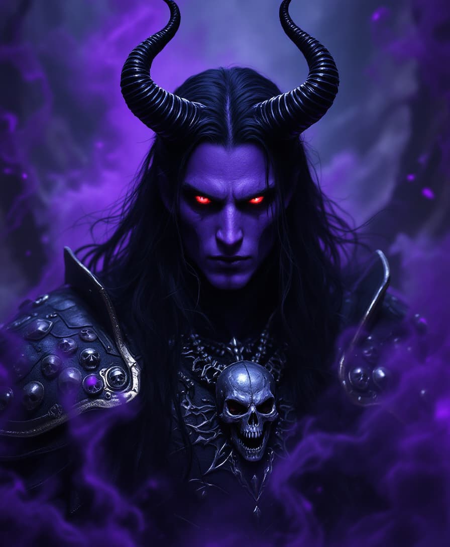AI generated: A Purple Skinned brooding figure dominates the scene, exuding an aura of dark power with long, flowi...