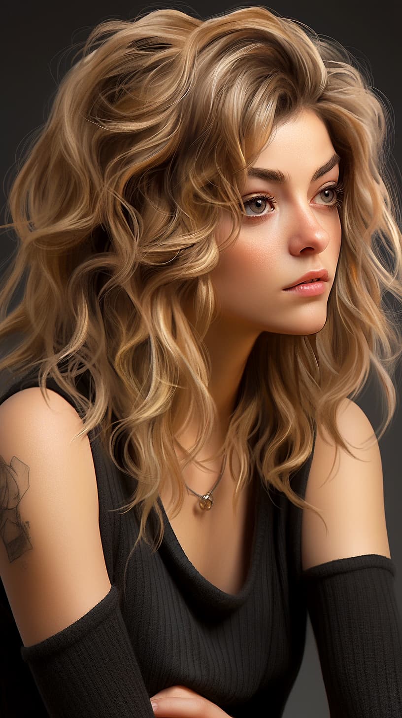 AI generated: Pretty female sitting, wearing a black tank top, dark-blonde long wavy hair, hyperrealism, photoreal...