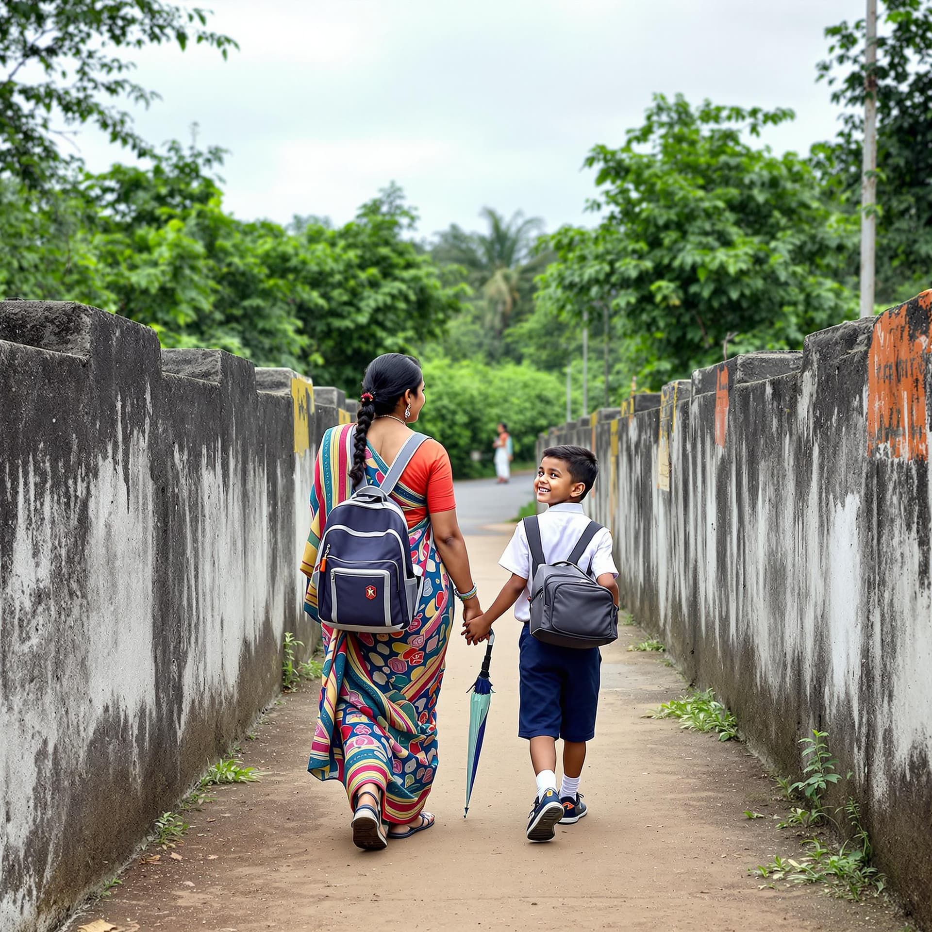 AI generated: kerala mother 28 years old and cute baby boy going to school. Mother is in saree and boy is in schoo...