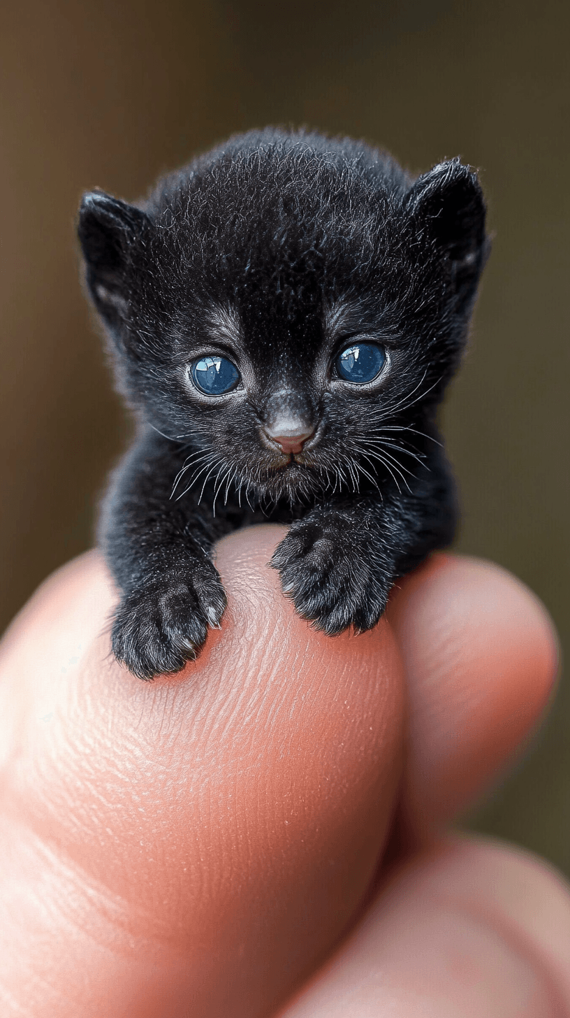 AI generated: Photorealistic macro shot of a miniature newborn black Panthera perched on a human thumb. The extrem...