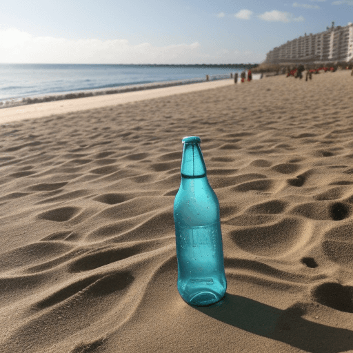 AI generated: UNA BOTELLA SOBRE ARENA DE UNA PLAYA , EN LA BOTELLASE LEE CERVEZA COSTEÑA