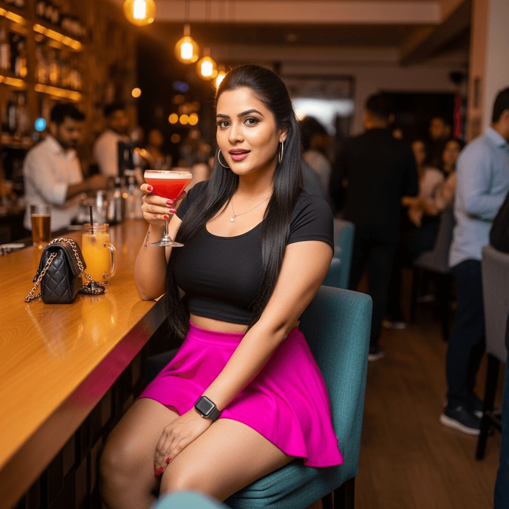 AI generated: curvy indian wearing mini skirt, sitting at bar