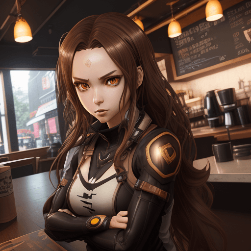 AI generated: An anime fierce female character, in a coffee shop, Lexeme-Taste Synesthesia style, Unreal engine, e...