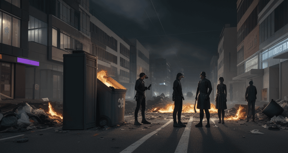 AI generated: Dystopian street corner with night characters standing a burning trash barrel 