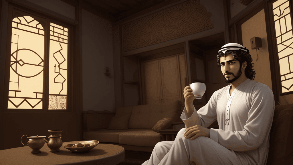 AI generated: arabic man, sitting in his old house, face, 23years old, drinking arabic coffe, anime style, hair