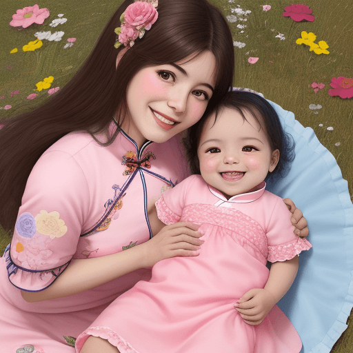 AI generated: Una bebé china sonriente, de 3 meses, con su mamá, con un vestido rosado, en el pasto con muchas flo...