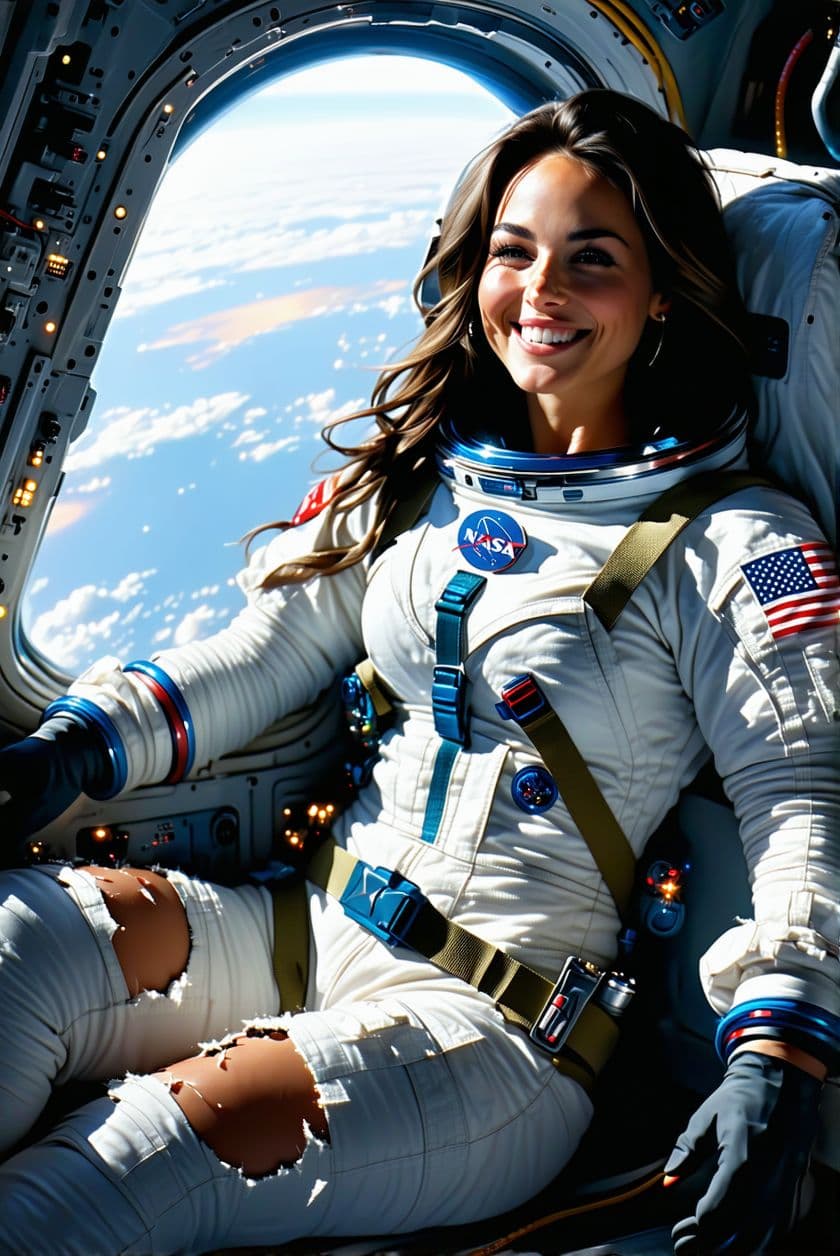 AI generated: Ultra-realistic portrait of a gorgeous, buxom woman floating in zero gravity, wearing a NASA-inspire...