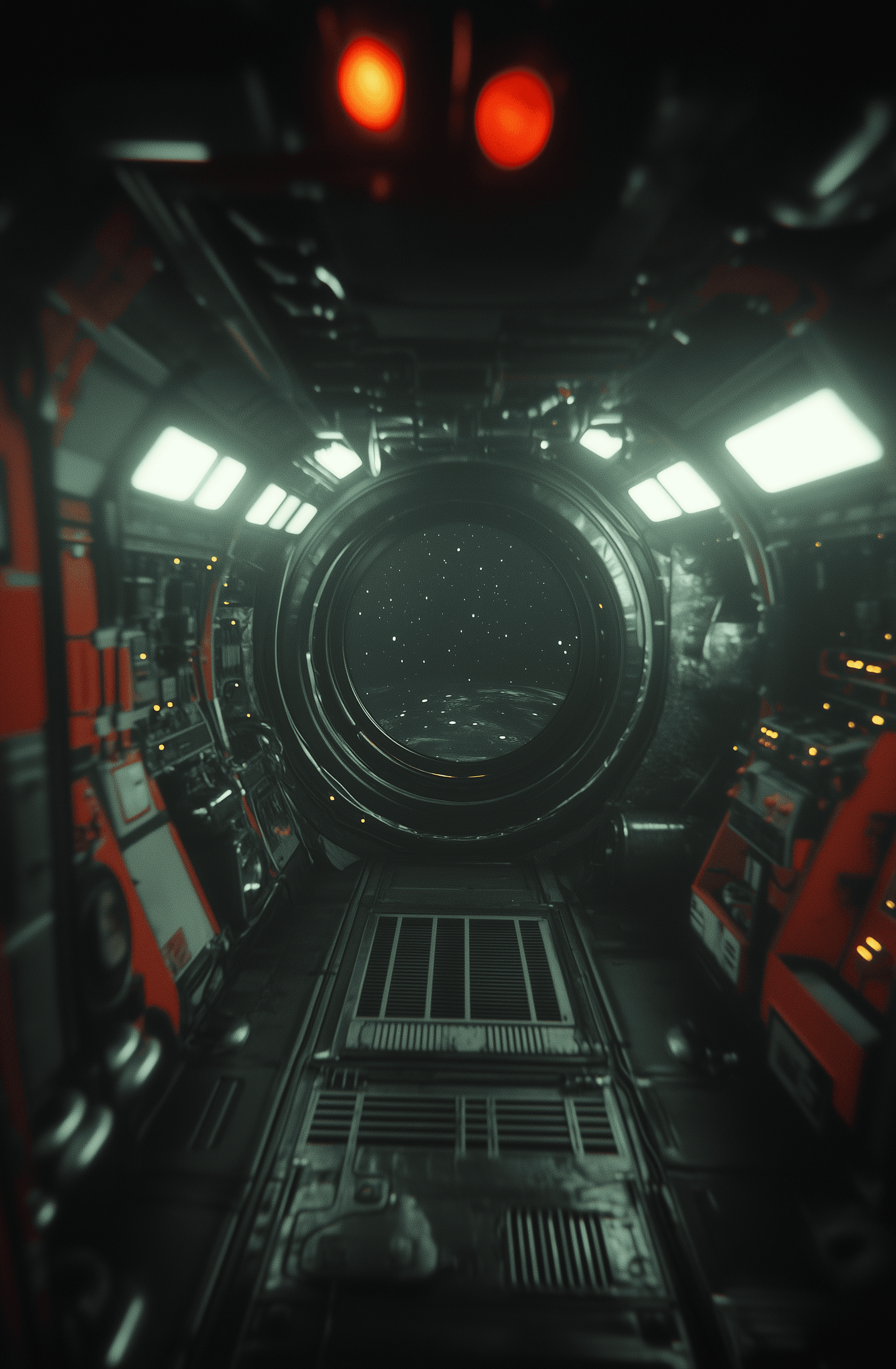 AI generated: 80s movie still of the interior view from above, looking down at two astronauts floating in zero gra...