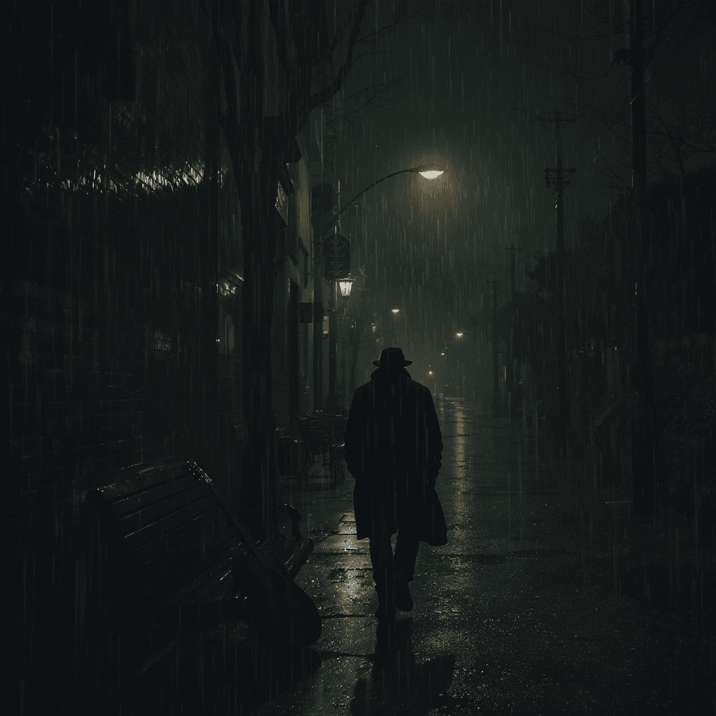 AI generated: A solitary figure walking down a dimly lit, empty street at night, surrounded by long shadows and so...