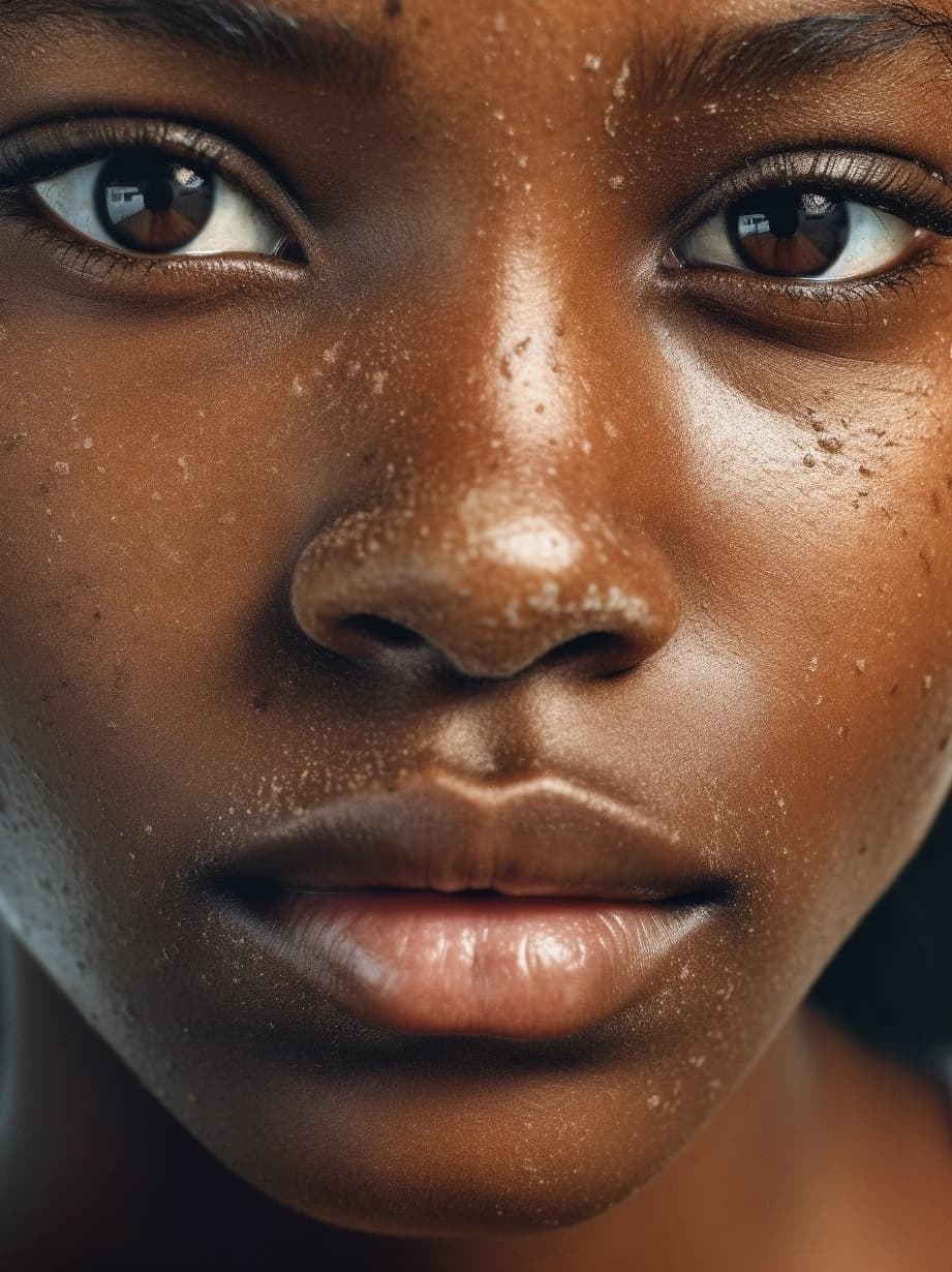 AI generated: a close up of a woman with freckles on her face, albert watson, brown skin like soil, hyperrealistic...