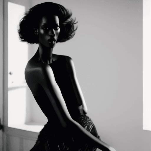 AI generated: fashion editorial photo of black short hair supermodel model in black blaze standing in the house. I...