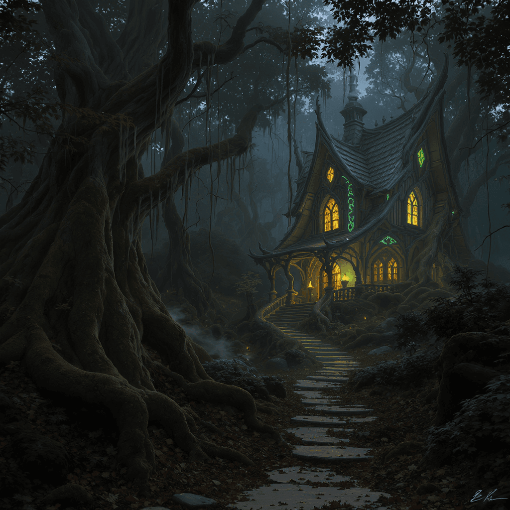 AI generated: Imagine an evocative, dark, and magical scene in an ancient, mystical forest. A narrow, winding path...