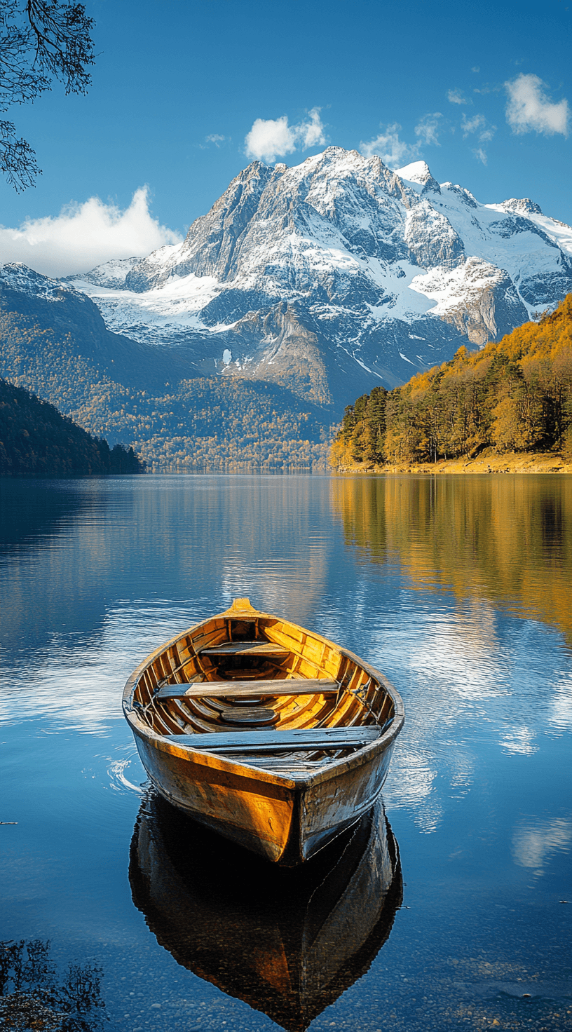 AI generated: A small wooden boat is floating on the lake, reflecting the mountains in the clear blue sky, distant...