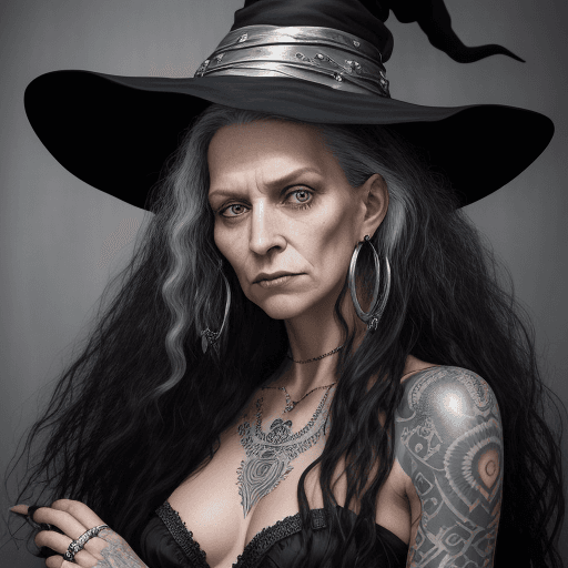 AI generated: Portrait of a witch, woman with long, dark curly hair, many tattoos, silver ring’s, silver bracelets...