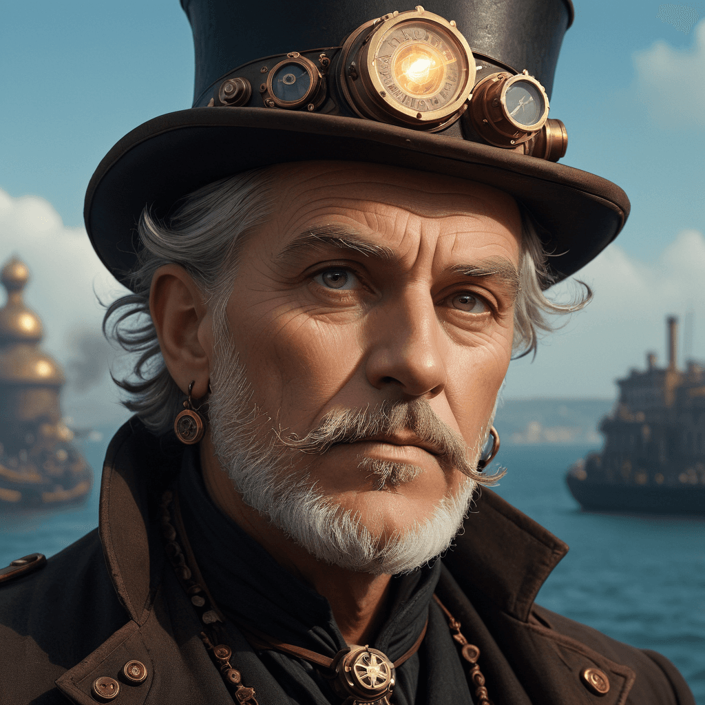 AI generated: an older man, in the style of steampunk, atompunk, aaron jasinski, intense lighting and shadow, baro...