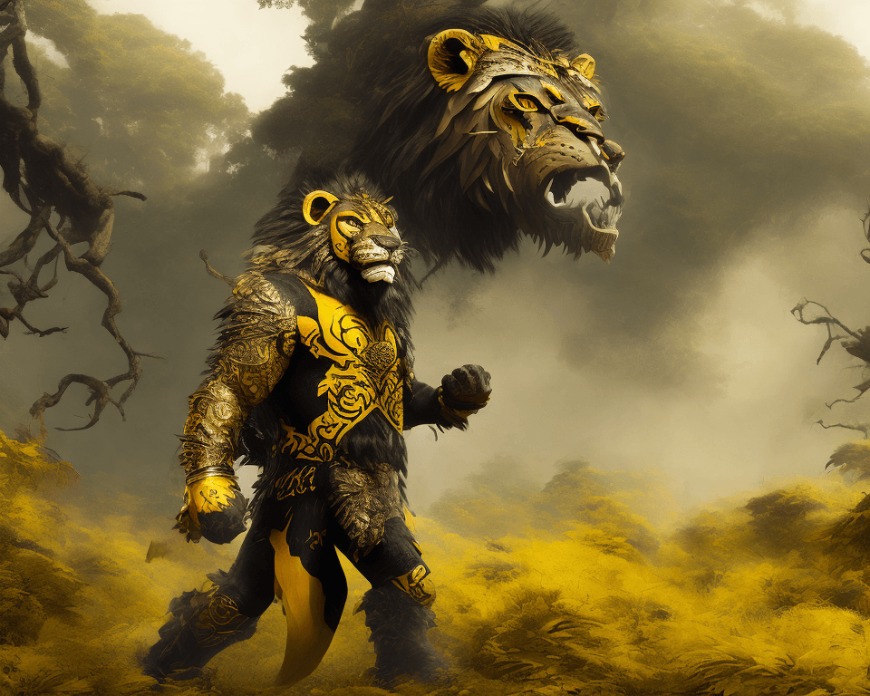 AI generated: jaguar warrior with a wooden mask of yellow, black and a hint of red, in a combat suit made of abund...