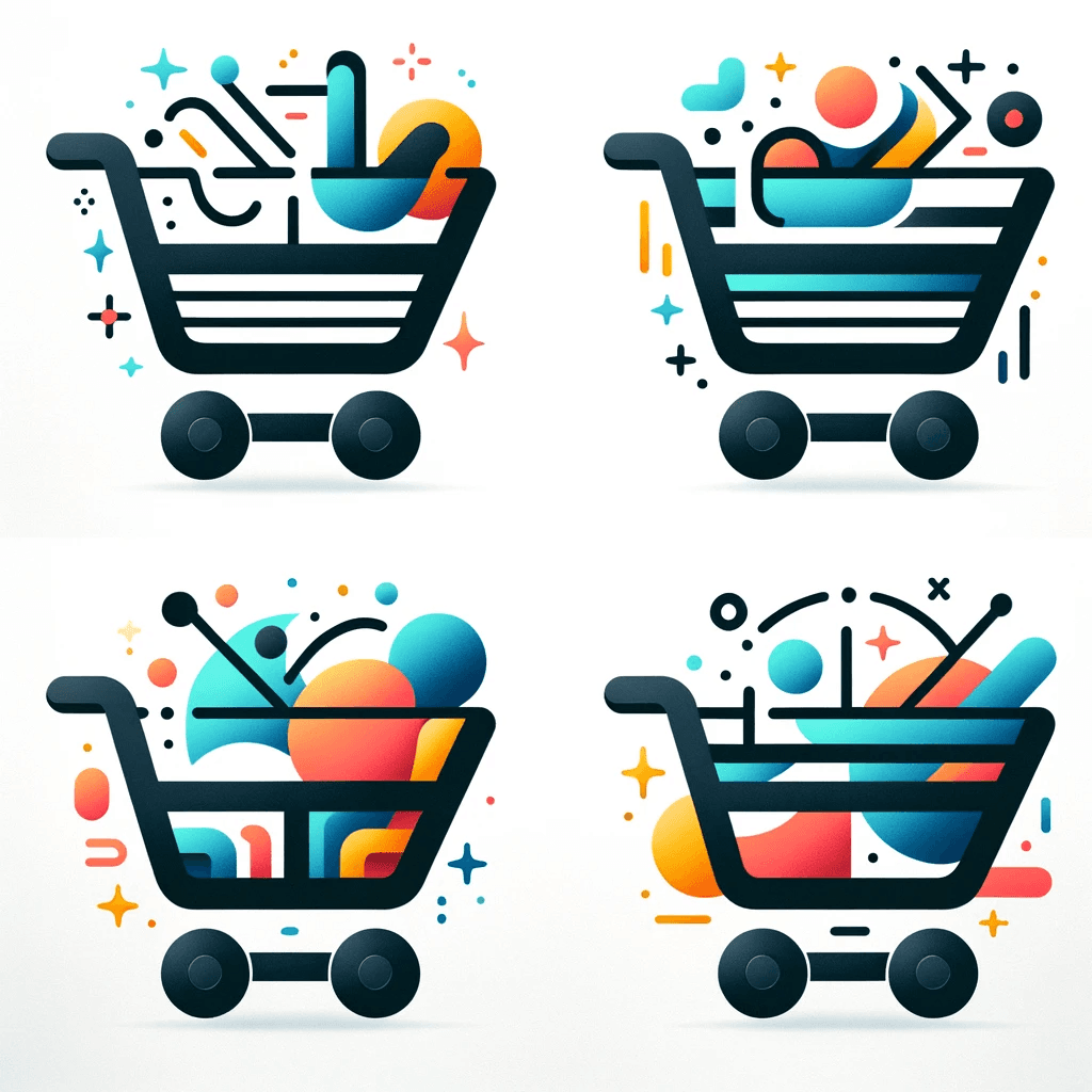 AI generated: Interpret an abstract shopping cart logo design, themed by toys and apparel, in two new ways, as if ...