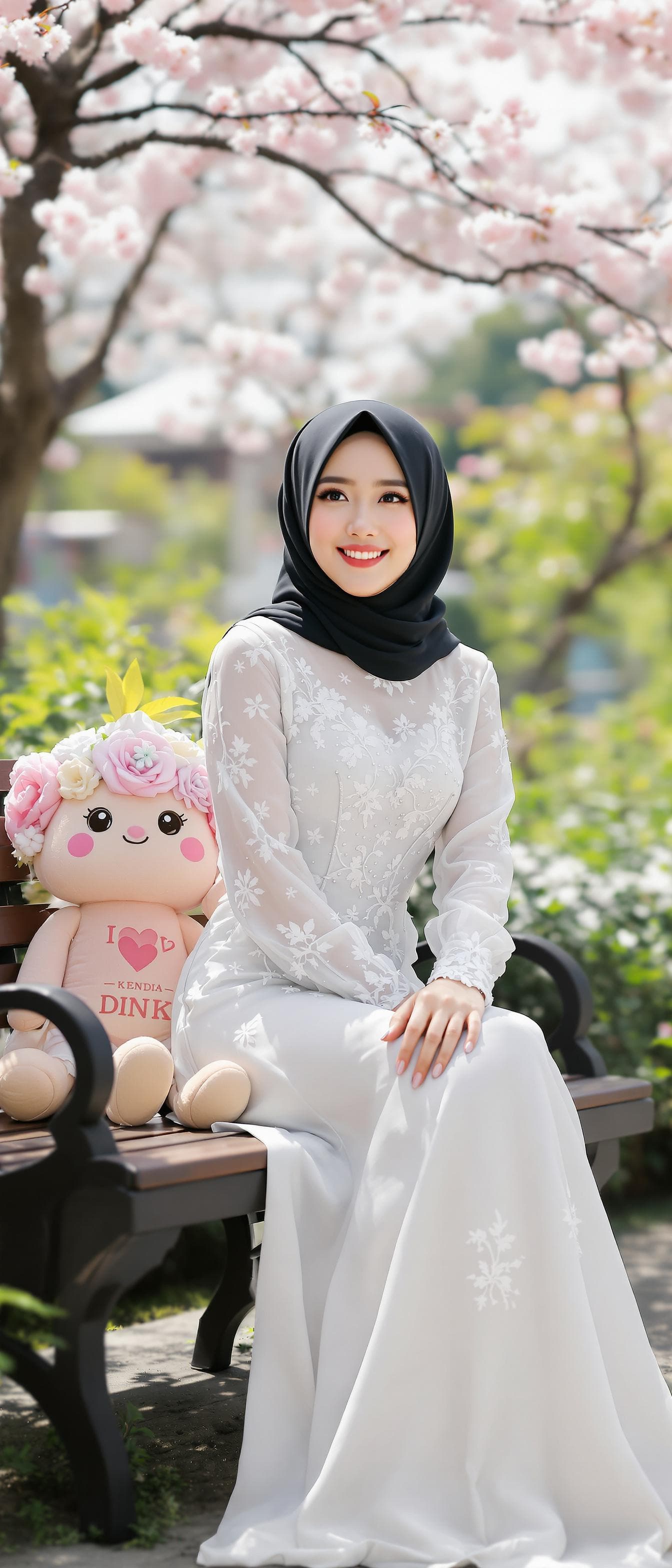 AI generated: a woman, indonesian woman, outdoors, garden, cherry blossoms, sitting in a bench the arms on knee, b...