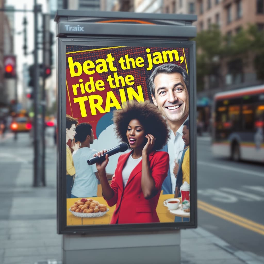 AI generated: Public transit ads emphasizing “beat the jam, ride the train
