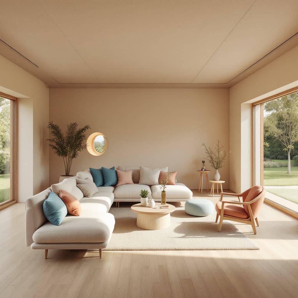AI generated: High resolution photography interior design, dreamy sunken living room conversation pit, wooden floo...