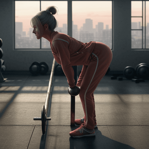 AI generated: Photo of a ultra realistic OLD WOMAN BEND OVER PICKING UP WEIGHTS, IN A TRACK SUIT, dramatic light, ...
