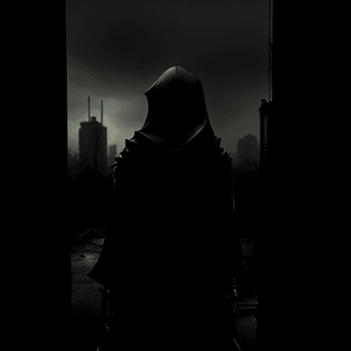 AI generated: post-apocalyptic city. Hooded person from the back. Rain, evening