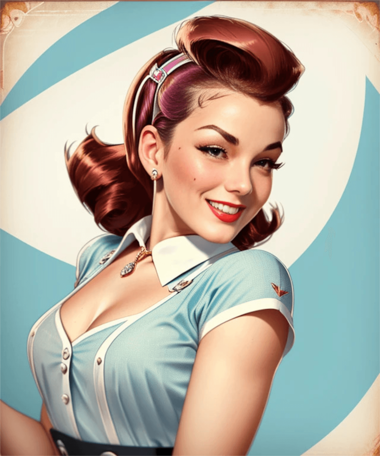 AI generated: chest focus, (dynamic angle), (1female pinup), profile, clothing:(50s style rockabilly dress), smili...