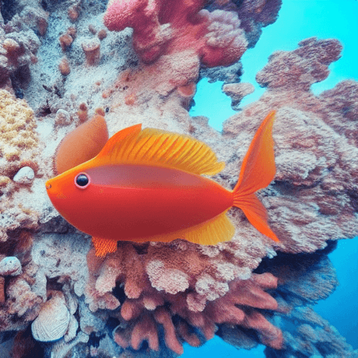 AI generated: photo of an extremely cute alien fish swimming an alien habitable underwater planet, coral reefs, dr...