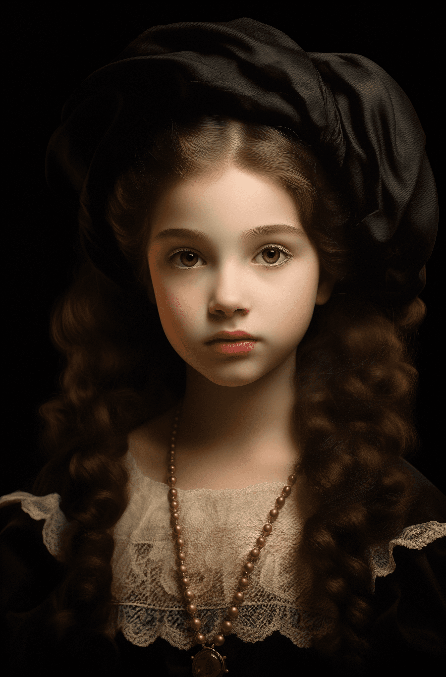 AI generated: A closeup of the face and shoulders, in the style of Rembrandt, depicting an adorable young girl wit...