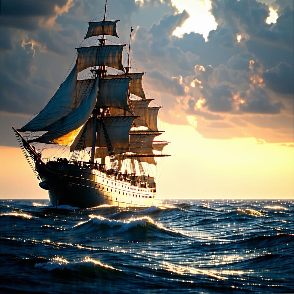AI generated: Photo of a ultra realistic sailing ship, dramatic light, pale sunrise, cinematic lighting, battered,...