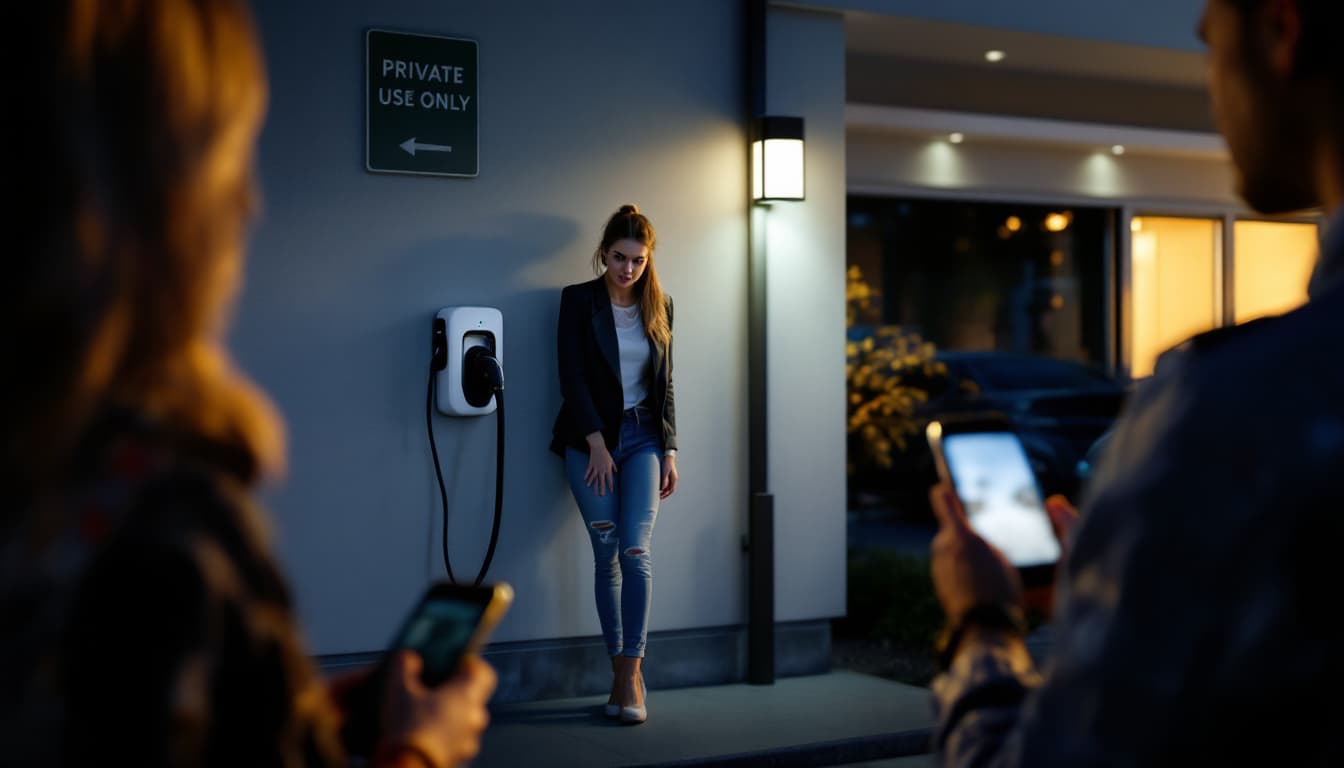 AI generated: A tense suburban scene at night: a sleek private EV charger attached to a modern house, clearly mark...