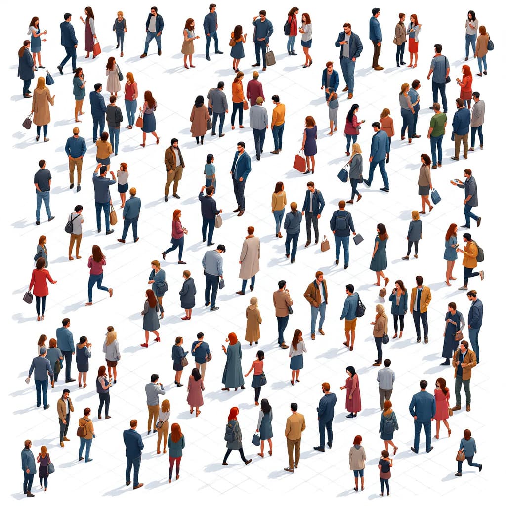 AI generated: a series of [people] are shown in isometric fashion, in the style of small brushstrokes, white backg...