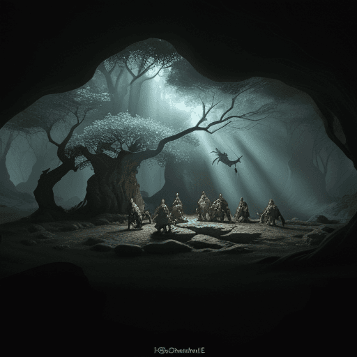 AI generated: Photo of a ultra realistic cave under a large knarled oak tree, cut-away showing above and below, go...