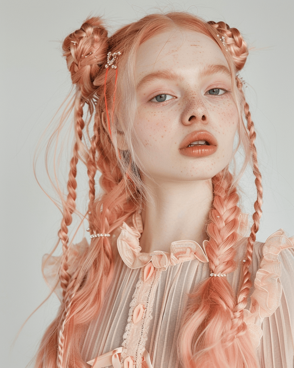 AI generated: Vogue Runway Model with long Pigtails in the style of candycore hair, pale skin and light pink lips ...