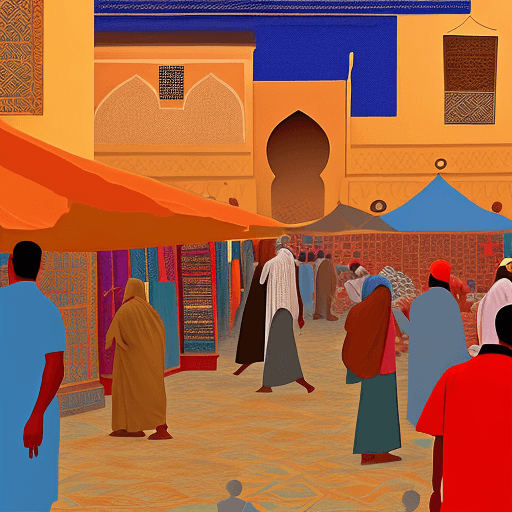 AI generated: A crowded bazaar in Marrakesh as the evening calls to prayer sound, textured acrylics, vector graphi...
