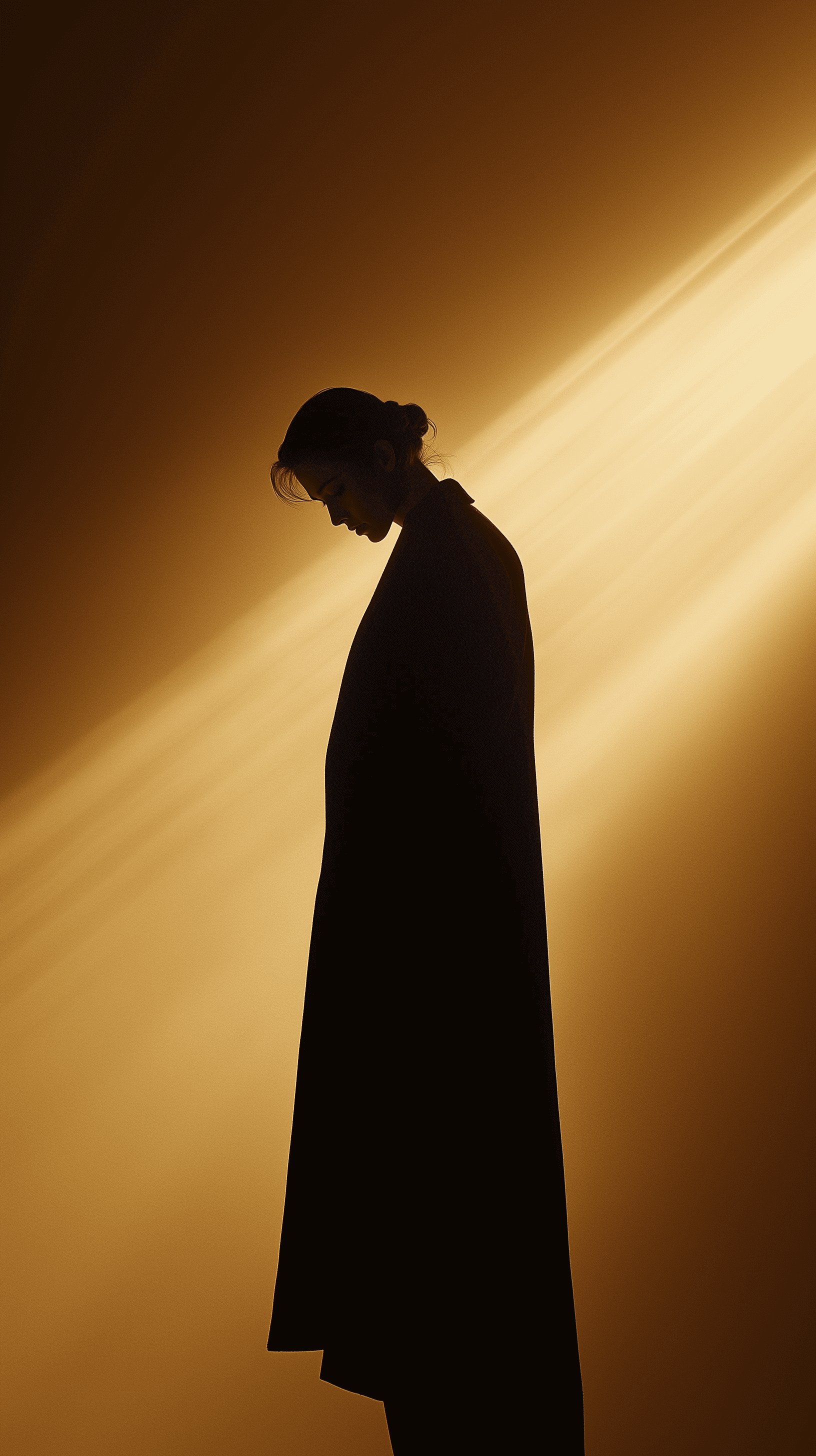 AI generated: elegant figure draped in a dark coat stands against a warm, soft gradient of beige and yellow, casti...