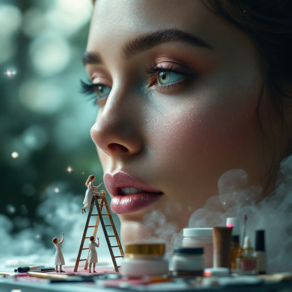 AI generated: A magical scene where tiny makeup artists are standing on a long miniature ladder, applying makeup t...